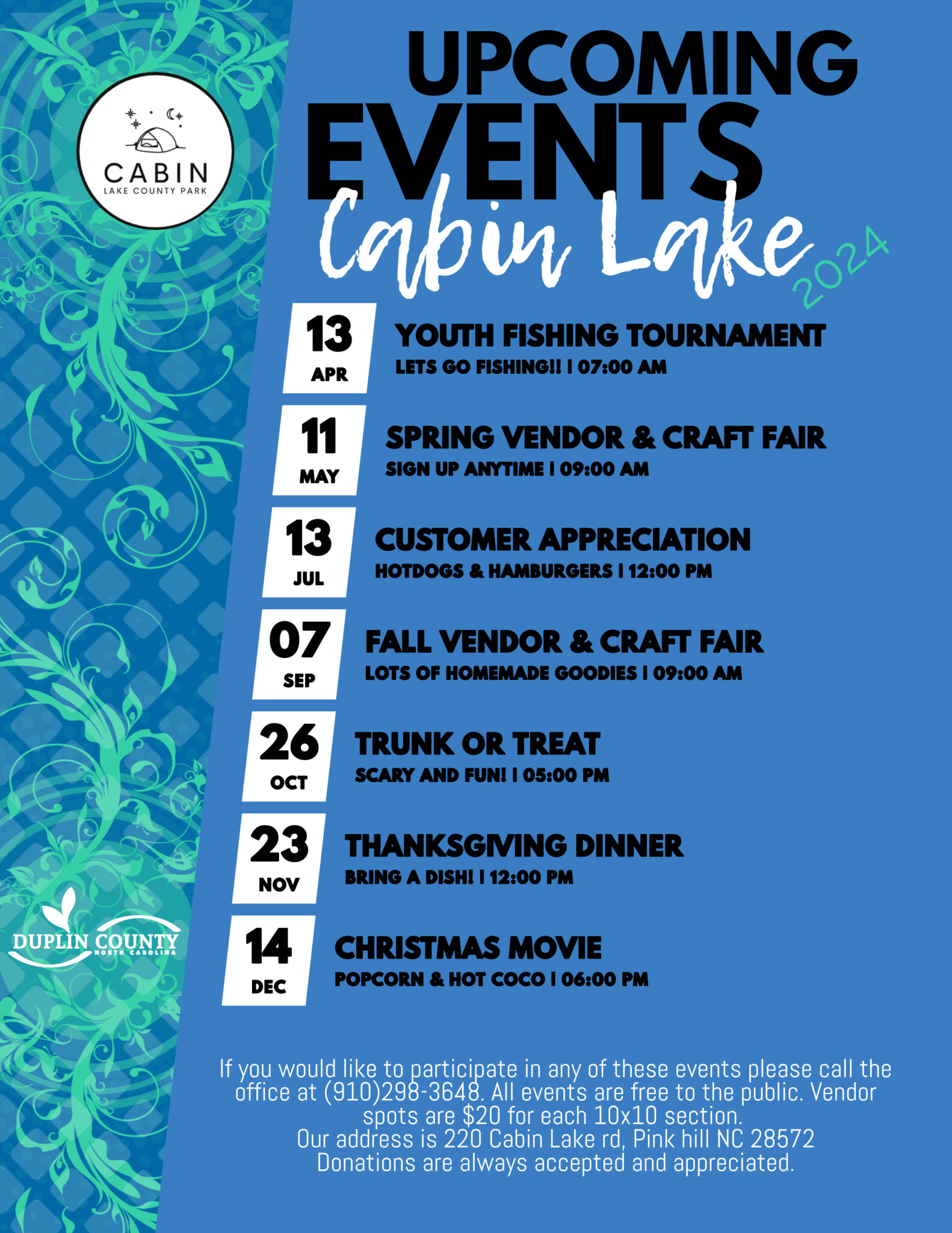 Cabin Lake upcoming events schedule flyer